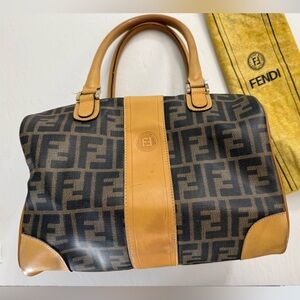 Vintage Fendi Zucca Black and Tan Leather Zipper with Gold Detail